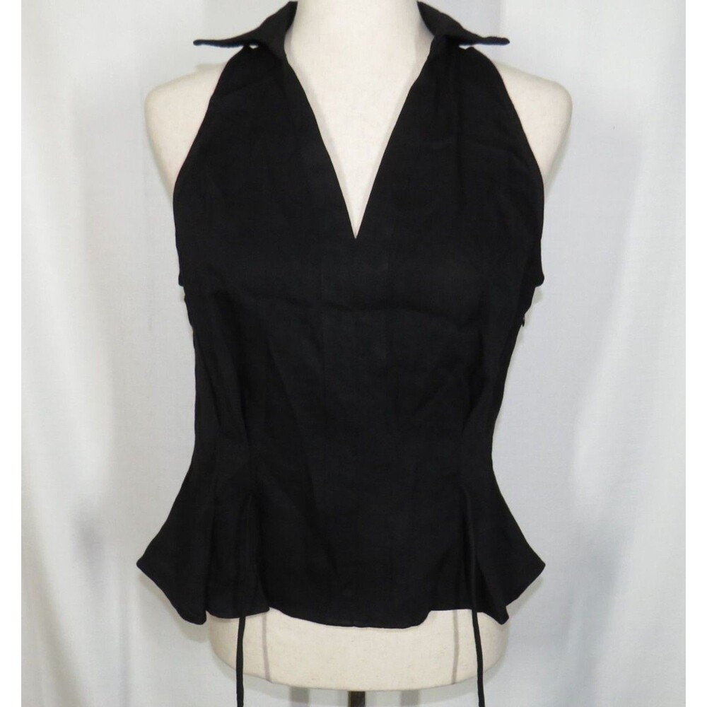 OGL Black Linen Blend Collared V Neck Sleeveless Tie Waist Top Size Small - Picture 12 of 12